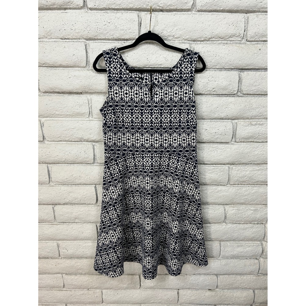 Talbots Womens Navy Blue White Geometric Tile Print Fit Flare‎ Dress Size M